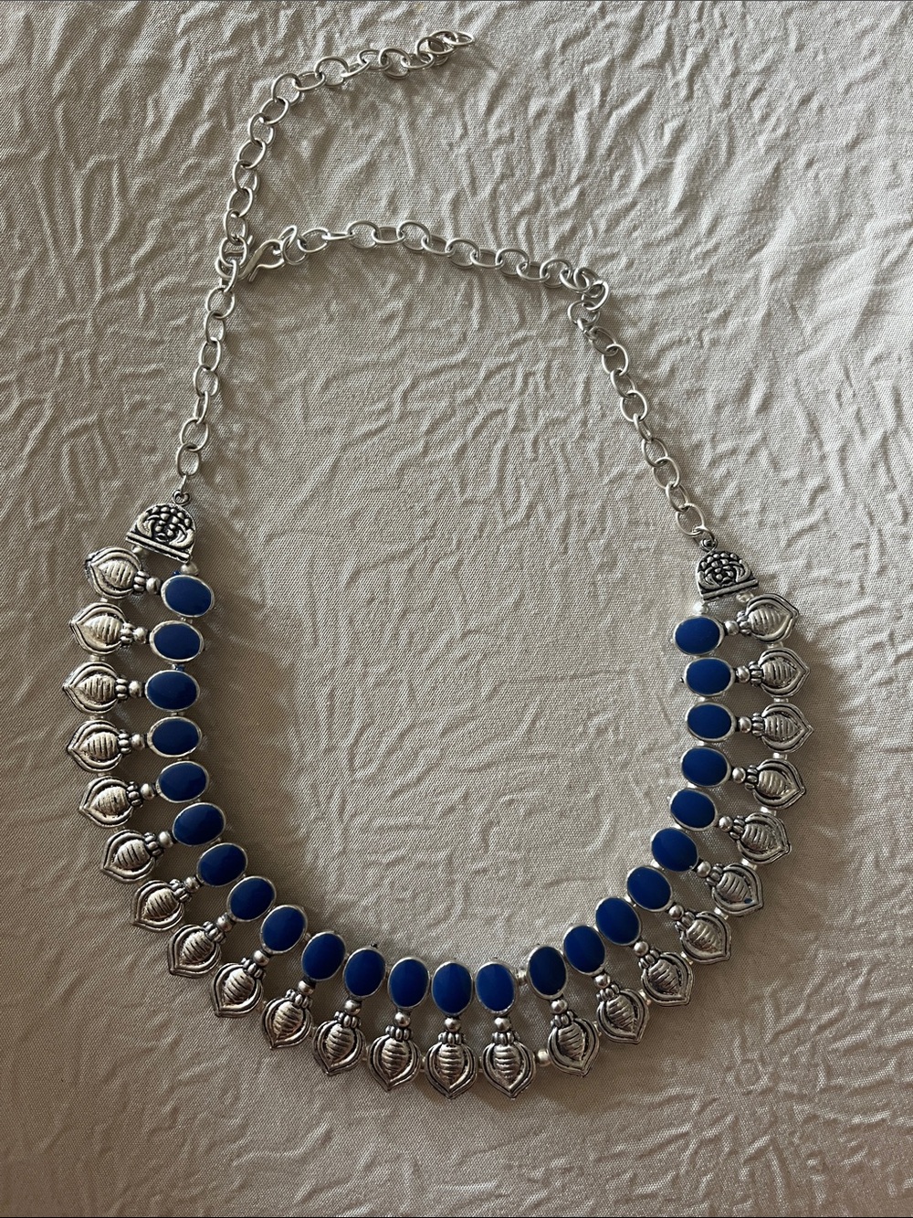 Silver-Tone Necklace with Royal Blue Oval Accents